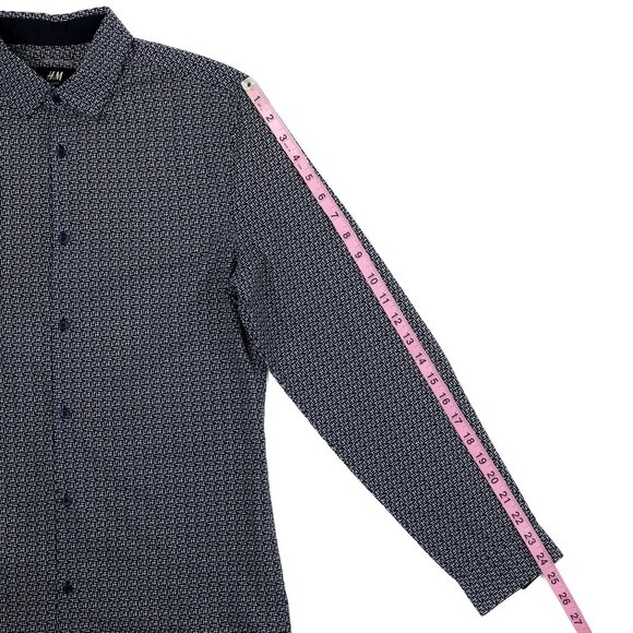 H&M Men's SMALL Black Geometric Abstract Crosshatch Print Button Up LS Shirt - Picture 9 of 11